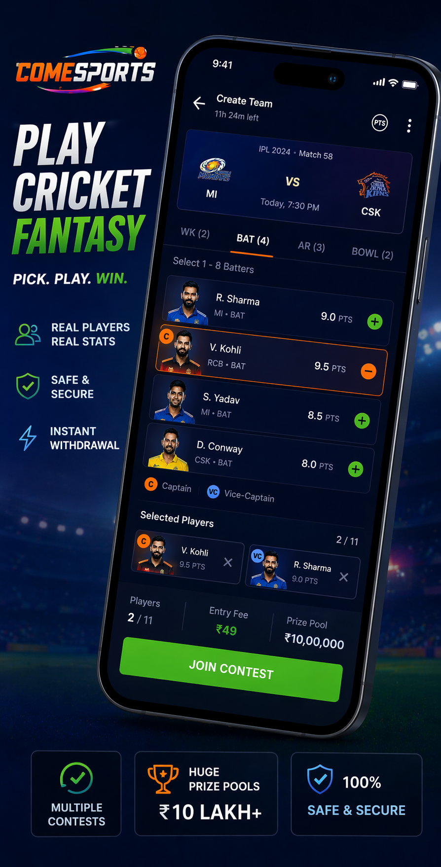 Come Play Zone cricket fantasy visual